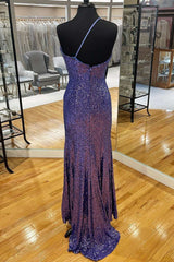 Dark Purple Sequin One-Shoulder Long Prom Dresses with Slit