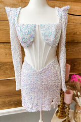 Iridescent White Sequins Long Sleeves Square Neck Homecoming Dresses