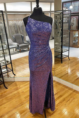 Dark Purple Sequin One-Shoulder Long Prom Dresses with Slit