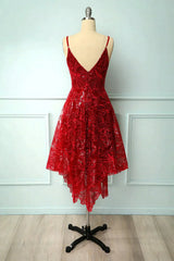 Burgundy Lace V-Neck Short Prom Dresses, A-Line Irregular Hem Party Dresses