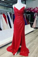 Red Sequin Lace-Up Back Mermaid Long Prom Dresses with Slit