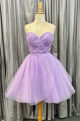 Lavender Faux-Wrap Strapless Sweetheart Pleated Tulle Homecoming Dresses