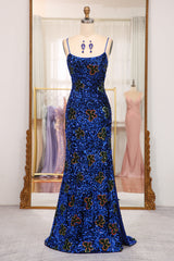 Sparkly Royal Blue Lace Up Long Sequined Prom Dresses With Slit