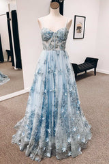 Blue 3D Floral Lace Sweetheart A-Line Long Prom Dresses