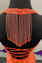 Orange Sequin Halter Fringe Short Homecoming Dresses