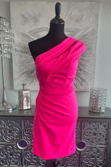 Fuchsia One Shoulder Sheath Satin Homecoming Dresses