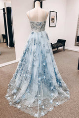 Blue 3D Floral Lace Sweetheart A-Line Long Prom Dresses