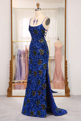 Sparkly Royal Blue Lace Up Long Sequined Prom Dresses With Slit