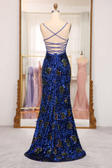 Sparkly Royal Blue Lace Up Long Sequined Prom Dresses With Slit