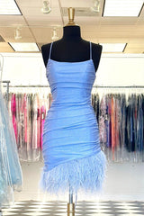 Light Blue Lace-Up Sheath Homecoming Dresses with Feathers