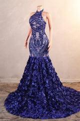 Royal Blue Mermaid Prom Dresses Sequined Lace Flowers Halter Neck Backless Long Gowns