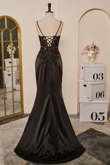 Black Mermaid Pluning V Appliques Long Prom Dresses with Slit