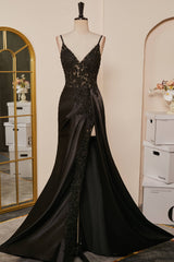 Black Mermaid Pluning V Appliques Long Prom Dresses with Slit