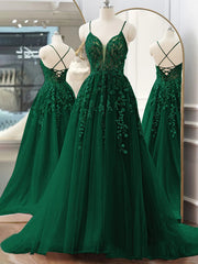 हरे रंग की ट्यूल स्पेगेटी स्ट्रैप्स एप्लाइक्स प्रोम ड्रेस