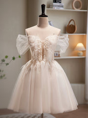 Champagne Tulle Sequins Short Prom Dresses, Cute A-Line Homecoming Dresses