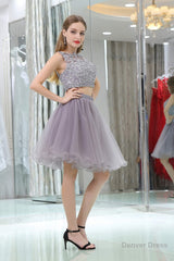 2 Piece Gray Tulle Short Suit Skirt With Lace Homecoming Dresses