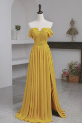 Yellow Chiffon Long Prom Dresses, A-Line Off the Shoulder Evening Dresses