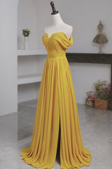 Yellow Chiffon Long Prom Dresses, A-Line Off the Shoulder Evening Dresses