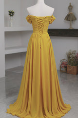 Yellow Chiffon Long Prom Dresses, A-Line Off the Shoulder Evening Dresses