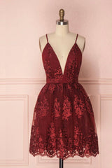 Burgundy V-Neck Lace Short Backless Prom Dresses, Cute Lace Party Dresses