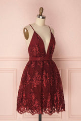 Burgundy V-Neck Lace Short Backless Prom Dresses, Cute Lace Party Dresses