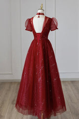 Burgundy Tulle Sequins Tea Length Prom Dresses, A-Line Evening Dresses