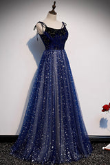 Blue Tulle Long A-Line Prom Dresses, Blue Evening Party Dresses