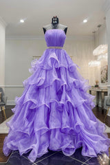 Purple Strapless Organza Long Prom Dresses, Princess Quinceanera Dresses