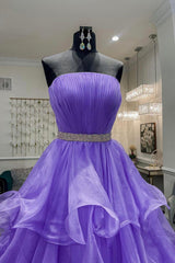 Purple Strapless Organza Long Prom Dresses, Princess Quinceanera Dresses