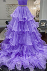 Purple Strapless Organza Long Prom Dresses, Princess Quinceanera Dresses