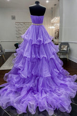 Purple Strapless Organza Long Prom Dresses, Princess Quinceanera Dresses