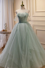 Green Tulle Beaded Ball Gown Off Shoulder Party Dresses, Green Sweet 16 Dresses