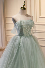 Green Tulle Beaded Ball Gown Off Shoulder Party Dresses, Green Sweet 16 Dresses