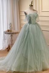 Green Tulle Beaded Ball Gown Off Shoulder Party Dresses, Green Sweet 16 Dresses