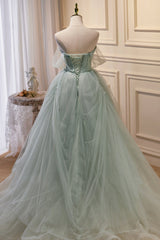 Green Tulle Beaded Ball Gown Off Shoulder Party Dresses, Green Sweet 16 Dresses