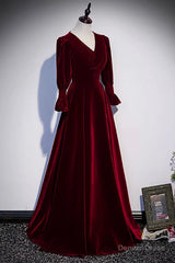 Burgundy Velvet Long Prom Dresses, A-Line Long Sleeve Evening Dresses