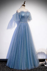 Blue Tulle Beading Long Prom Dresses, A-Line Evening Party Dresses