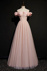 Pink Tulle Off the Shoulder Prom Dresses, Beautiful A-Line Evening Dresses