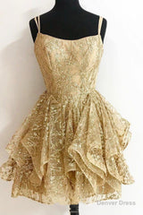 Gold Sequins Short Prom Dresses, A-Line Homecoming Dresses