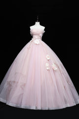 Lovely Pink Tull Applique Ball Gown Formal Dresses, Pink Sweet 16 Dresses