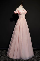 Pink Tulle Off the Shoulder Prom Dresses, Beautiful A-Line Evening Dresses