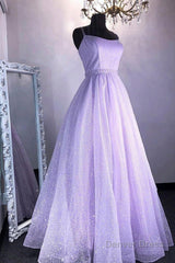 Cute Tulle Sequins Long Prom Dresses, A-Line Backless Evening Dresses