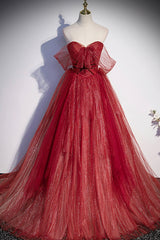 Burgundy Sweetheart Neckline Tulle Long Prom Dresses, A-Line Evening Dresses