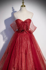 Burgundy Sweetheart Neckline Tulle Long Prom Dresses, A-Line Evening Dresses