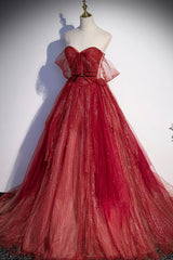 Burgundy Sweetheart Neckline Tulle Long Prom Dresses, A-Line Evening Dresses