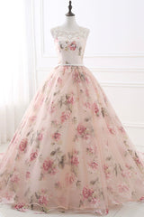 Pink Floral Pattern Lace Long Prom Dresses, A-Line Formal Dresses