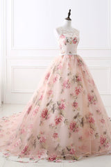 Pink Floral Pattern Lace Long Prom Dresses, A-Line Formal Dresses