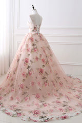 Pink Floral Pattern Lace Long Prom Dresses, A-Line Formal Dresses