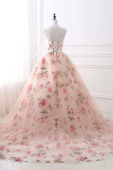 Pink Floral Pattern Lace Long Prom Dresses, A-Line Formal Dresses