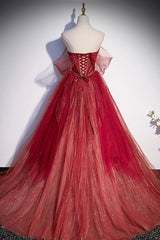 Burgundy Sweetheart Neckline Tulle Long Prom Dresses, A-Line Evening Dresses